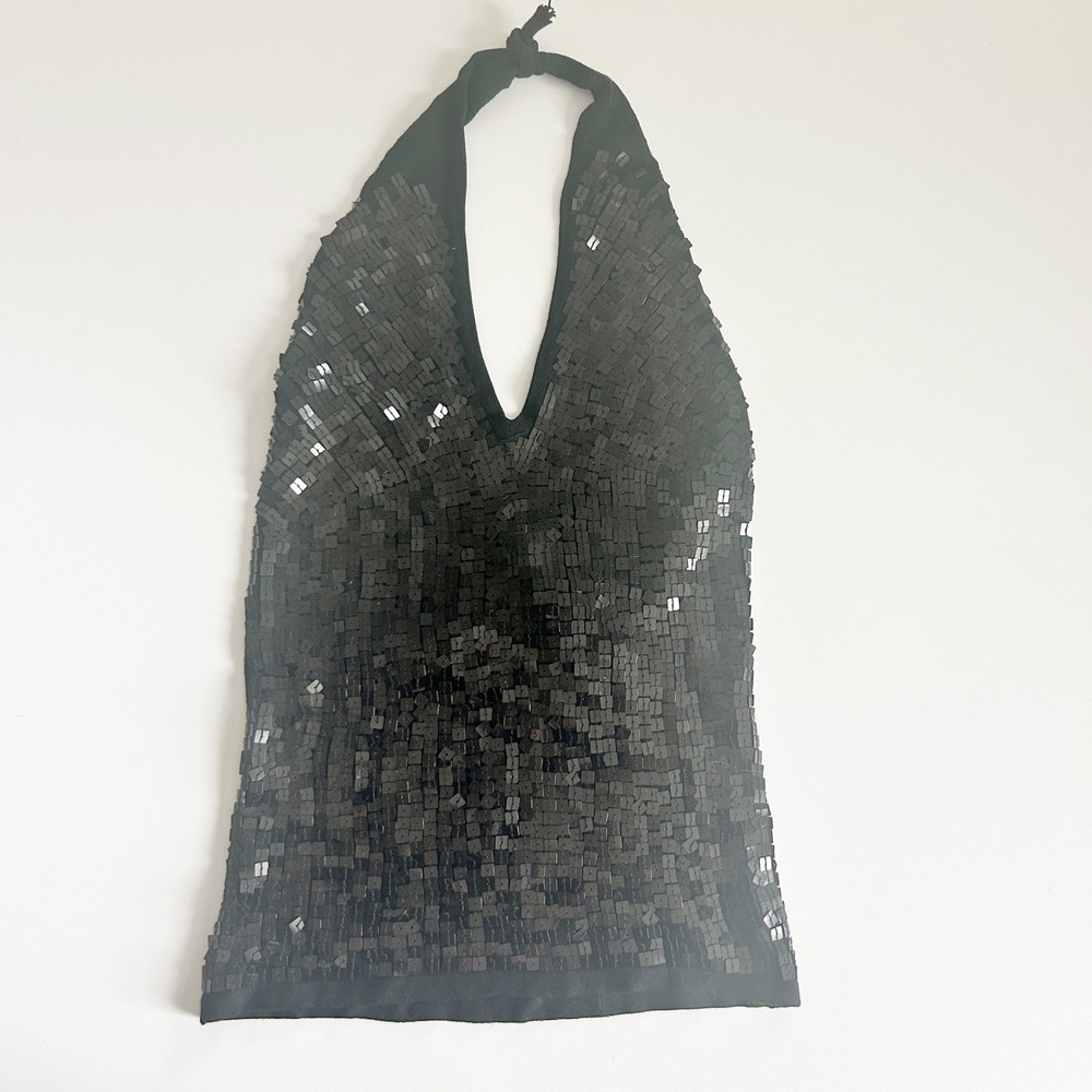 Forever 21 Womens‎ Black Sequin Halter V-Neck Y2K Glam Party Knit Top Size M